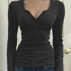 Women's Plain Half Button Front Long Sleeve Shirt